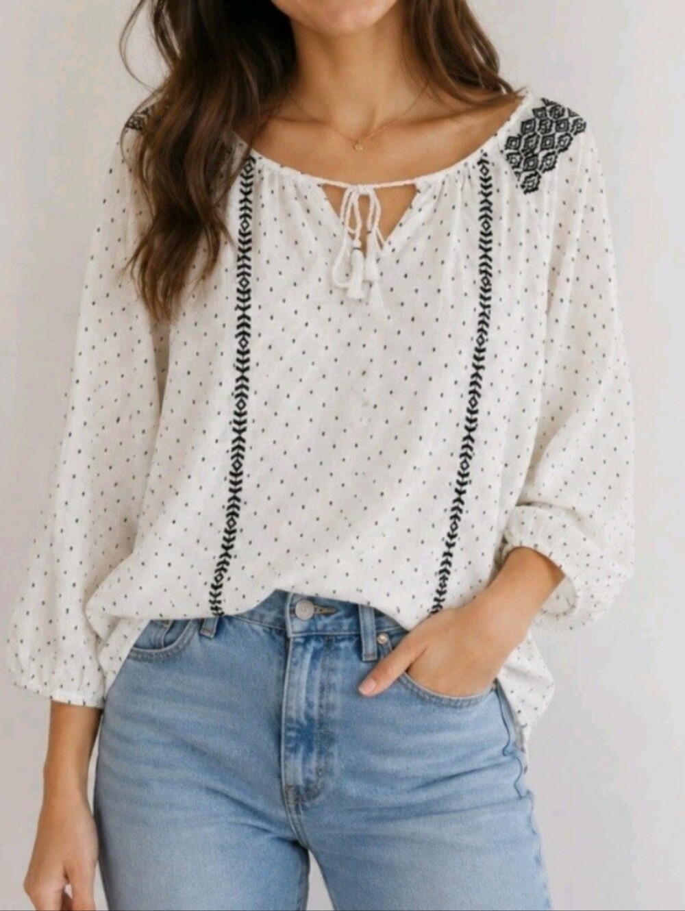 J.crew cotton cottagecore embroidered blouse boho peasant tassled size XL